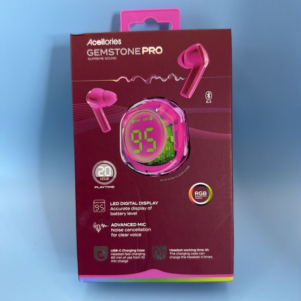New Acellories Gemstone Pro Supreme Sound LED Digital Display Bluetooth Earbuds